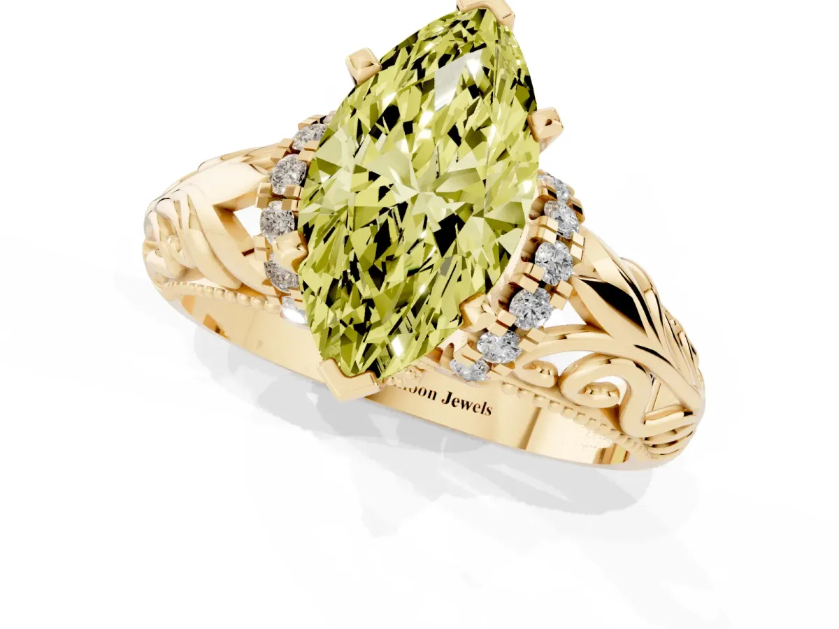 Fancy Yellow Marquise Cut Solitaire Filigree Engagement Ring with Halo and Prong Setting Yellow gold