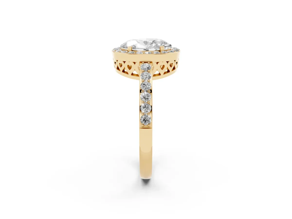Oval Cut Halo Diamond Pavé Band Ring with Prong Setting Yellow gold