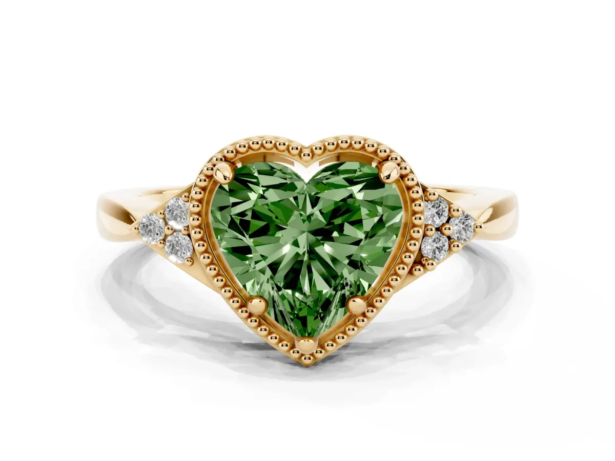 Fancy Green Heart Cut Diamond Halo Ring with Tapered Band and Four-Prong Setting Yellow gold