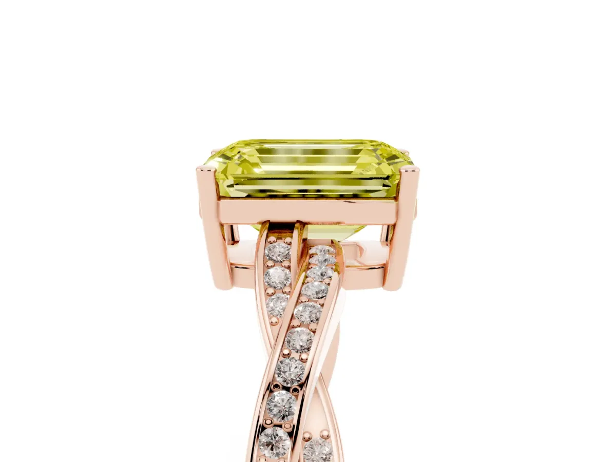 Fancy Yellow Emerald Cut Solitaire Twisted Pave Diamond Ring with Four-Prong Setting Rose gold