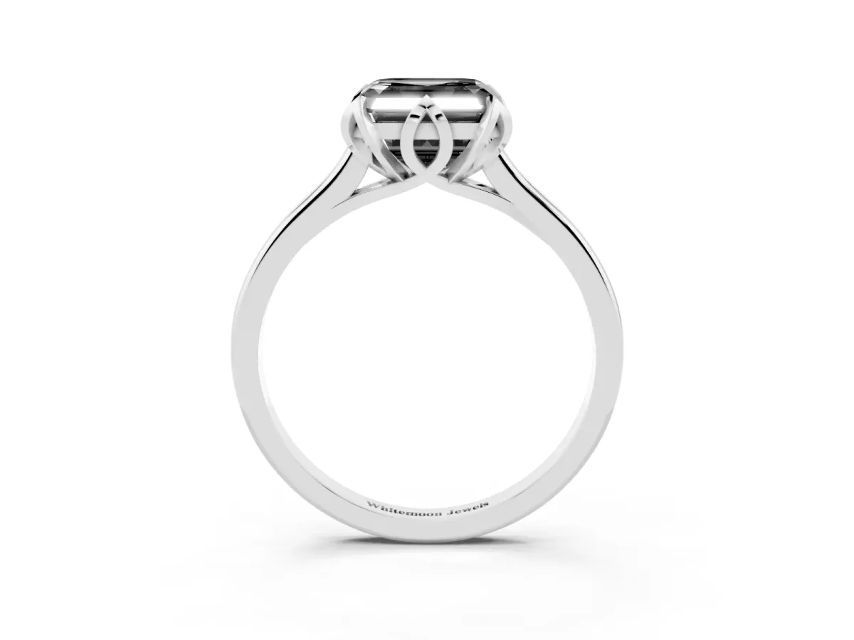 Fancy Black Asscher Cut Diamond Solitaire Ring with Flower Prong Setting and Classic Band Silver