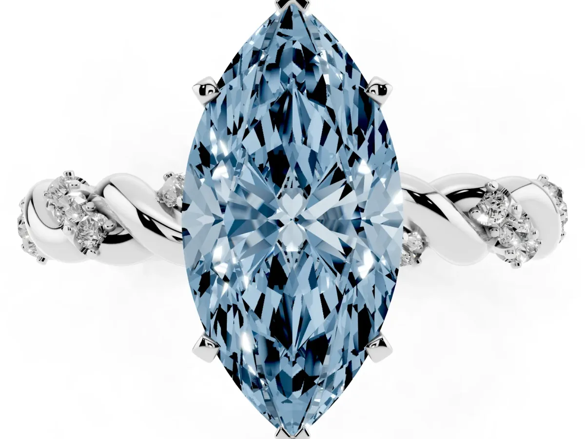Fancy Blue Marquise Cut Diamond Solitaire Ring with Twisted Band and Pavé Accents Silver