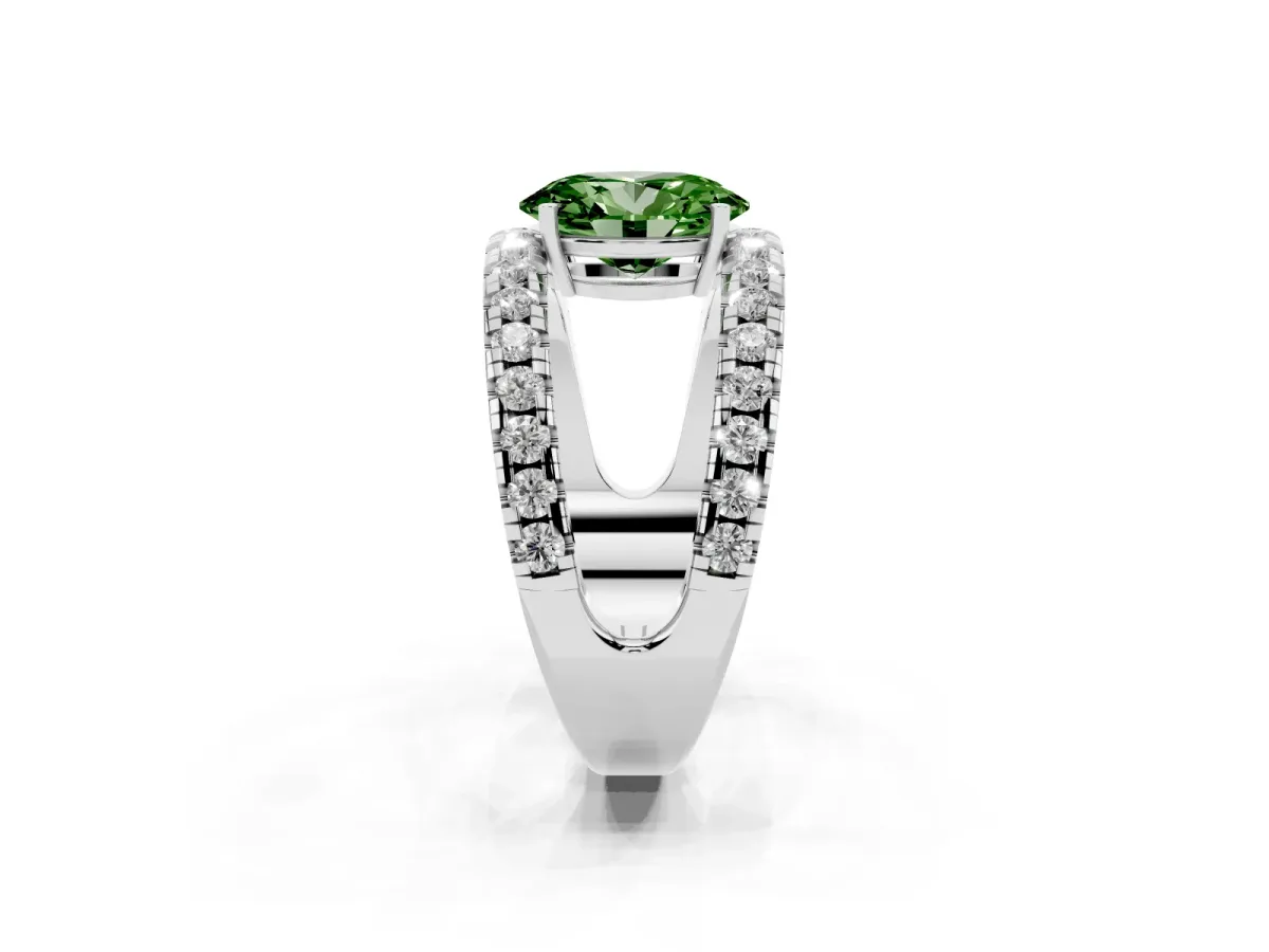 Fancy Green Oval Cut Solitaire Split Shank Pave Diamond Ring Silver
