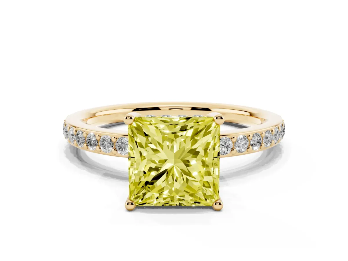 Fancy Yellow Princess Cut Cut Diamond Pavé Band Ring with Four-Prong Setting Yellow gold