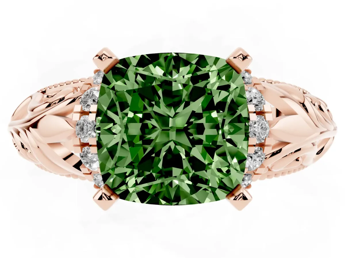 Fancy Green Cushion Cut Solitaire Filigree Engagement Ring with Halo and Prong Setting Rose gold