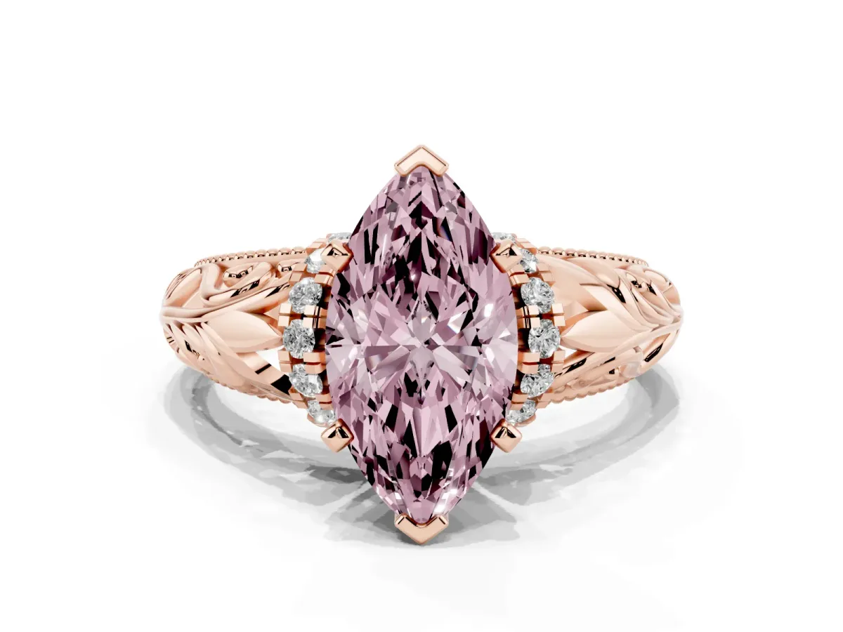 Fancy Pink Marquise Cut Solitaire Filigree Engagement Ring with Halo and Prong Setting Rose gold