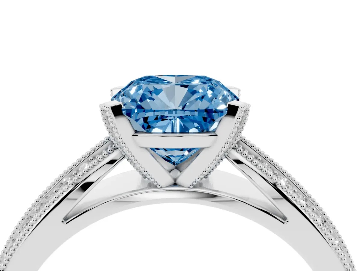 Fancy Blue Cushion Cut Diamond Solitaire Ring with Milgrain Round Pavé Band and Prong Setting White gold