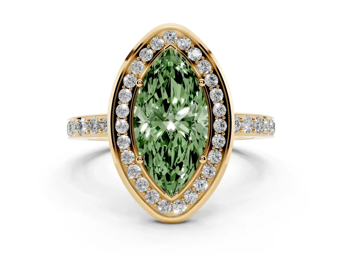 Fancy Green Marquise Cut Diamond Halo Ring with Bezel Frame and Pavé Band Yellow gold