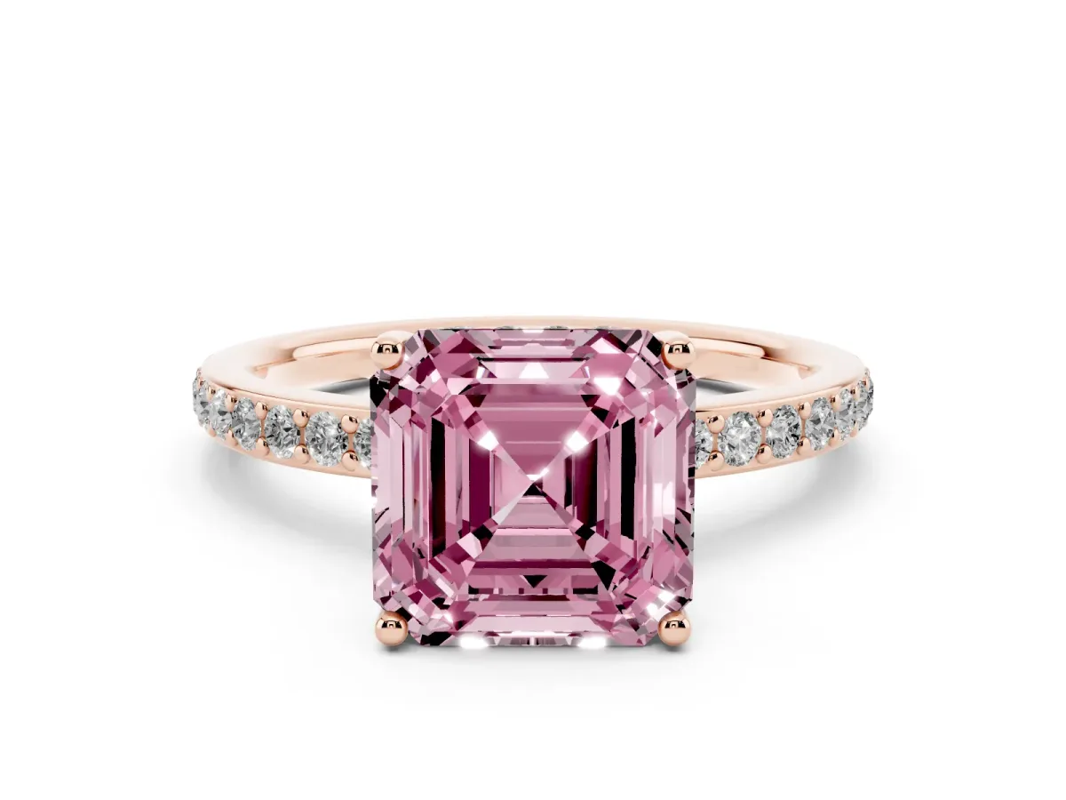 Fancy Pink Asscher Cut Cut Diamond Pavé Band Ring with Four-Prong Setting Rose gold