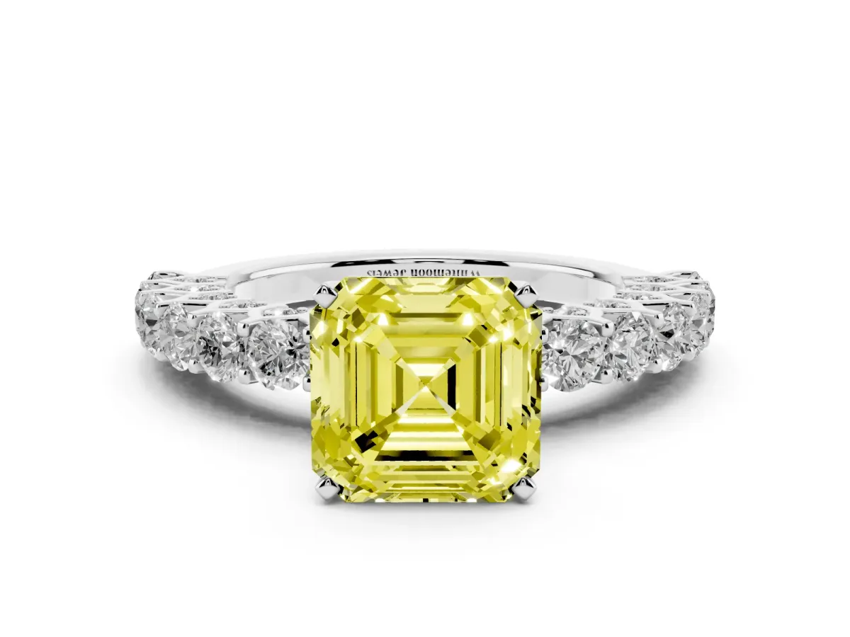 Fancy Yellow Asscher Cut Diamond Solitaire Ring with Shared Prong Pavé Band and Four-Prong Setting Silver