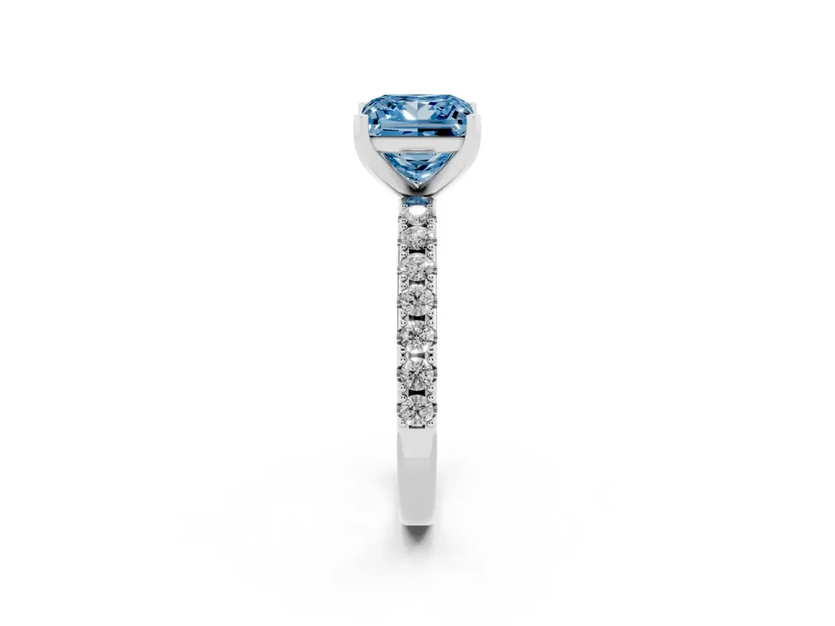 Fancy Blue Princess Cut Diamond Solitaire Pavé Band with Four-Prong Setting Silver