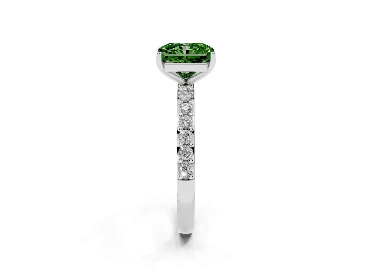 Fancy Green Radiant Cut Cut Diamond Solitaire with Pave Band and Four-Prong Setting Silver
