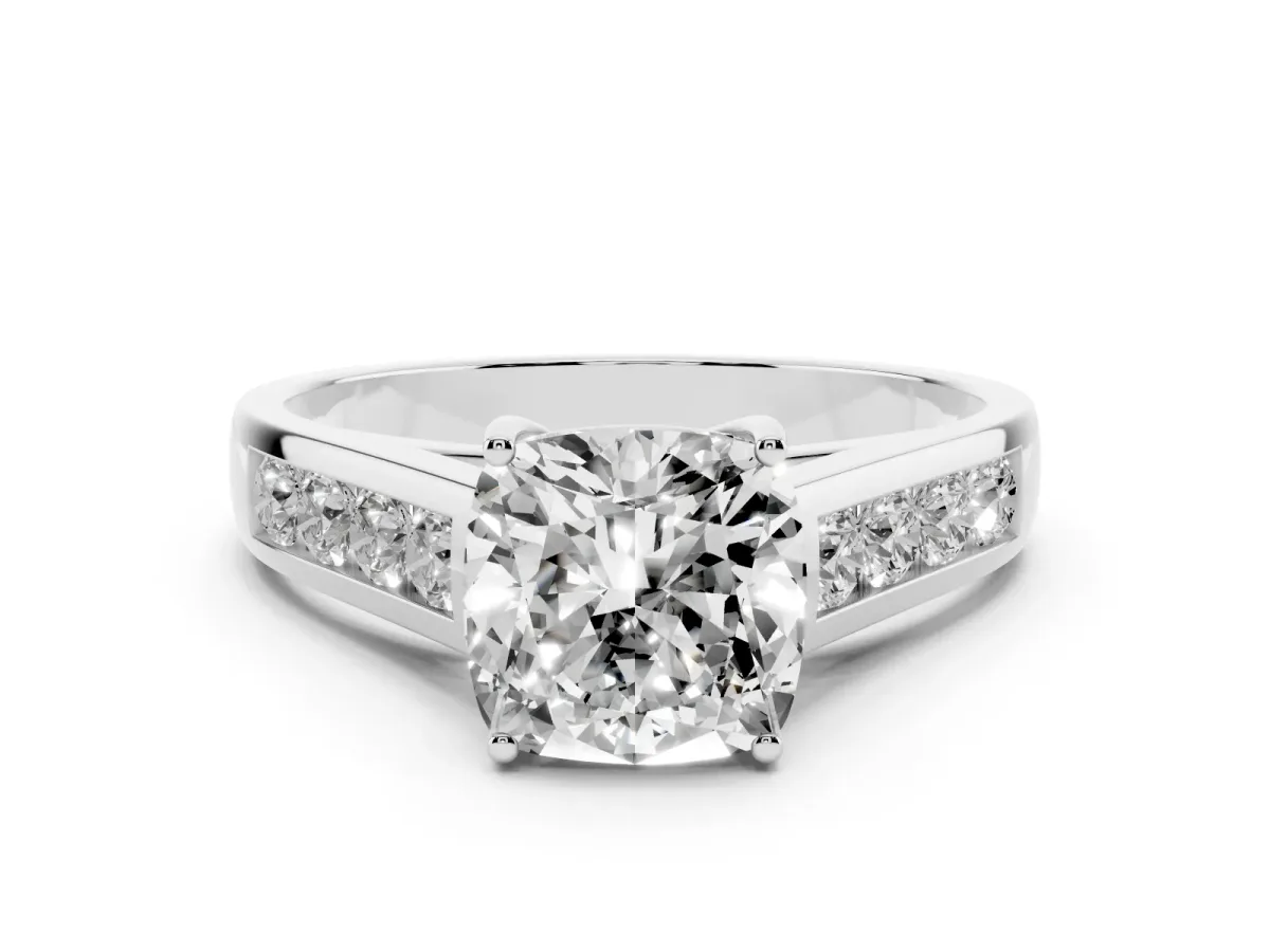 Cushion Cut Brilliant Channel-Set Solitaire Ring with Four-Prong Setting Silver