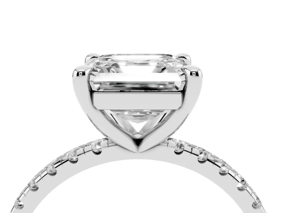 Asscher Cut Diamond Brilliant Solitaire Ring with Pavé Band and Four-Prong Setting Platinum