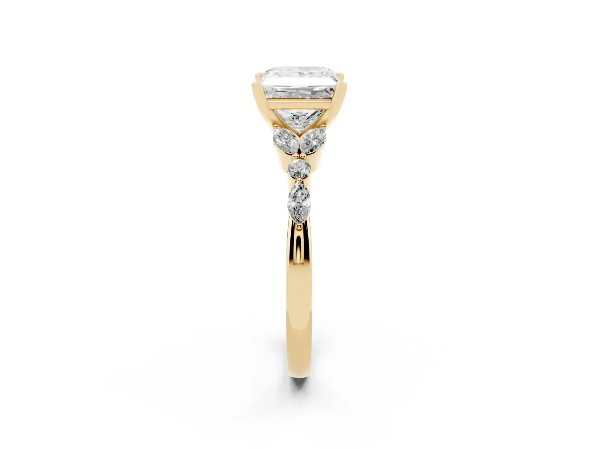 Princess Cut Diamond Solitaire Ring with Side Stones and Four-Prong Setting Yellow gold