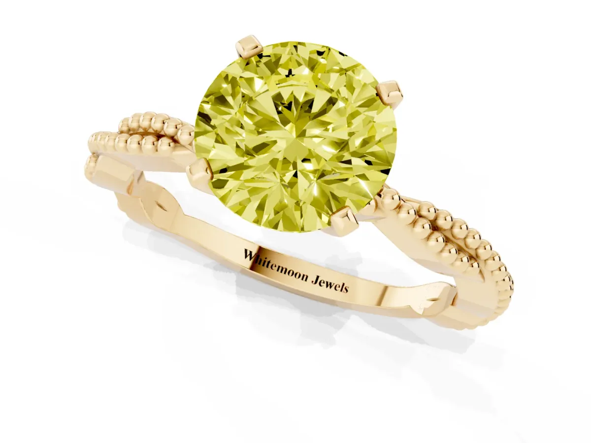 Fancy Yellow Round Cut Solitaire Twisted Band with Bead Prong Setting Yellow gold