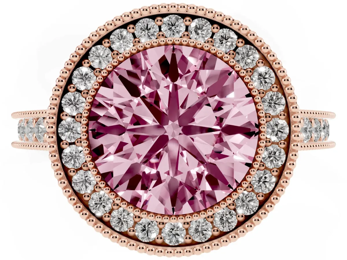Fancy Pink Halo Round Cut-Cut Diamond Pave Band Milgrain Prong Setting Ring Rose gold
