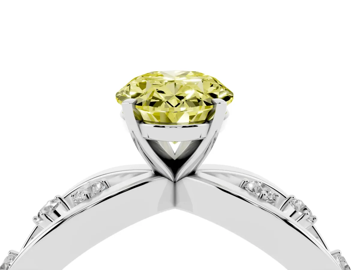 Fancy Yellow Oval Cut Cut Solitaire Diamond with Side Stones on Criss-Cross Band and Four-Prong Setting Silver