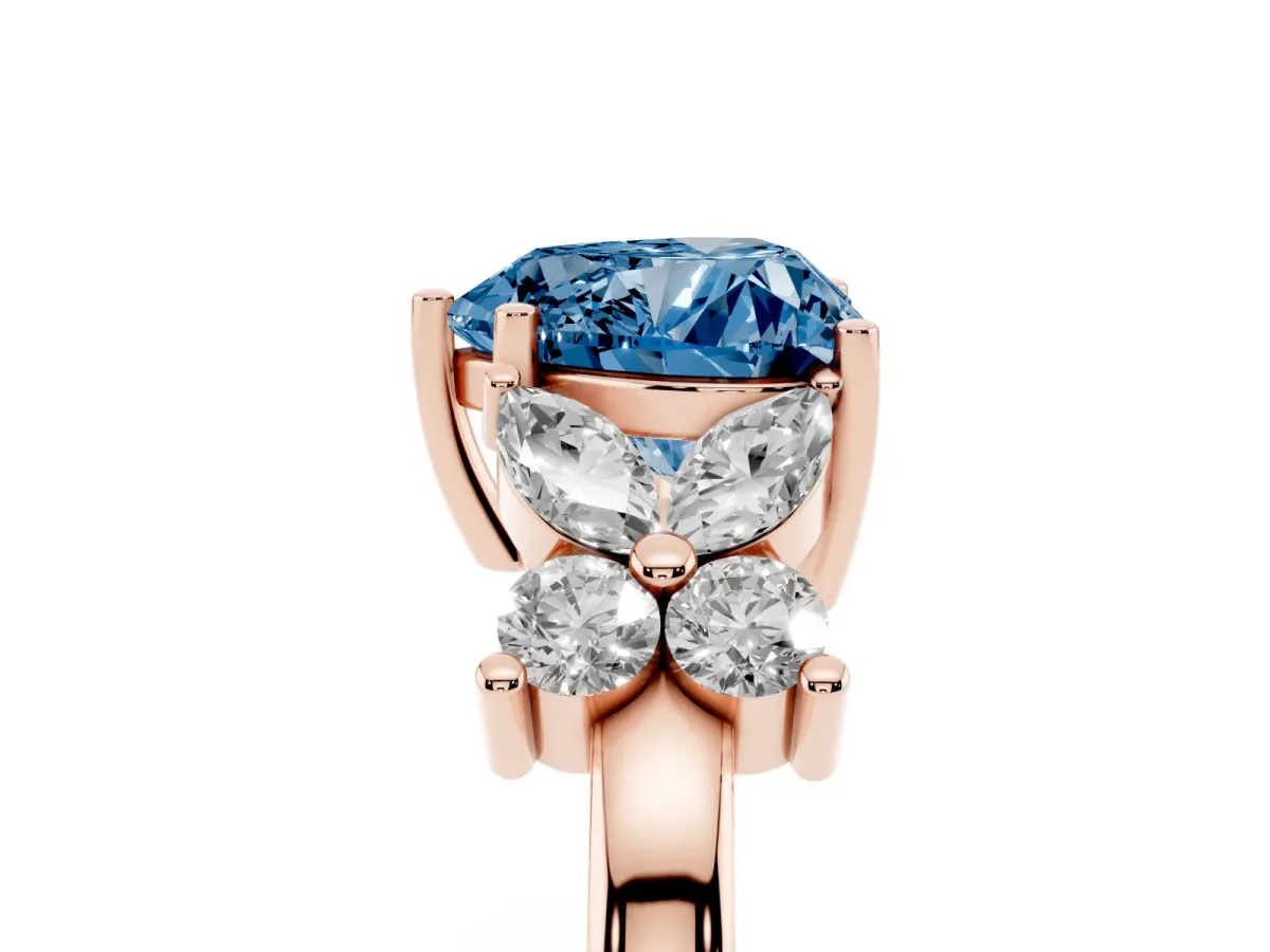 Fancy Blue Heart Cut Diamond Floral Cluster Ring with Solitaire Band and Prong Setting Rose gold