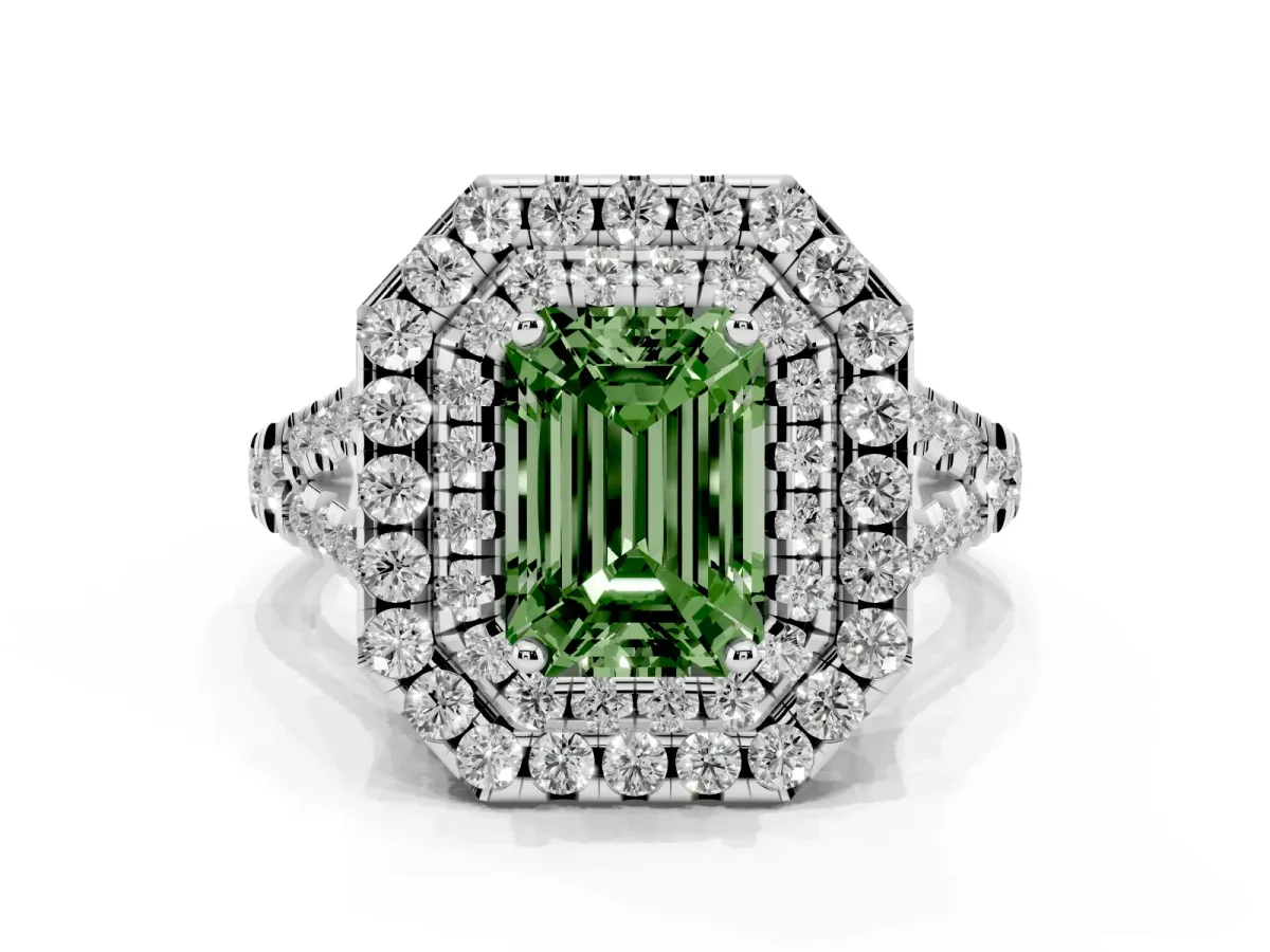 Fancy Green Double Halo Emerald Cut Diamond Pavé Split Shank Ring with Prong Setting White gold