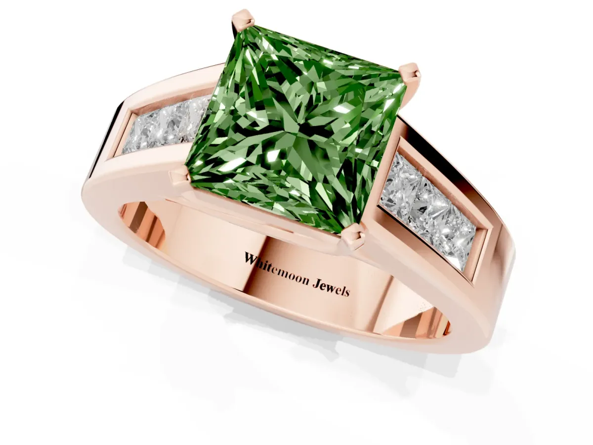 Fancy Green Princess Cut Cut Channel Set Solitaire Ring with Four-Prong Setting Rose gold