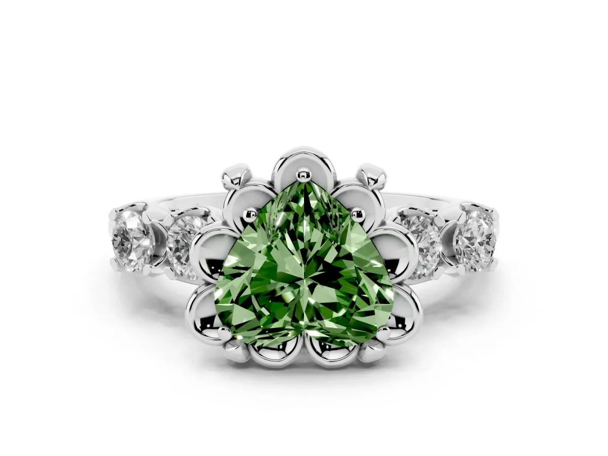 Fancy Green Heart Cut Cut Diamond Floral Halo Engagement Ring with Shared Prong Setting Platinum