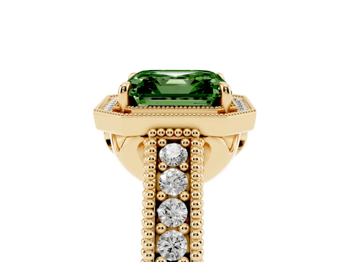 Fancy Green Asscher Cut Cut Halo Diamond Ring with Pavé Band and Four-Prong Setting Yellow gold