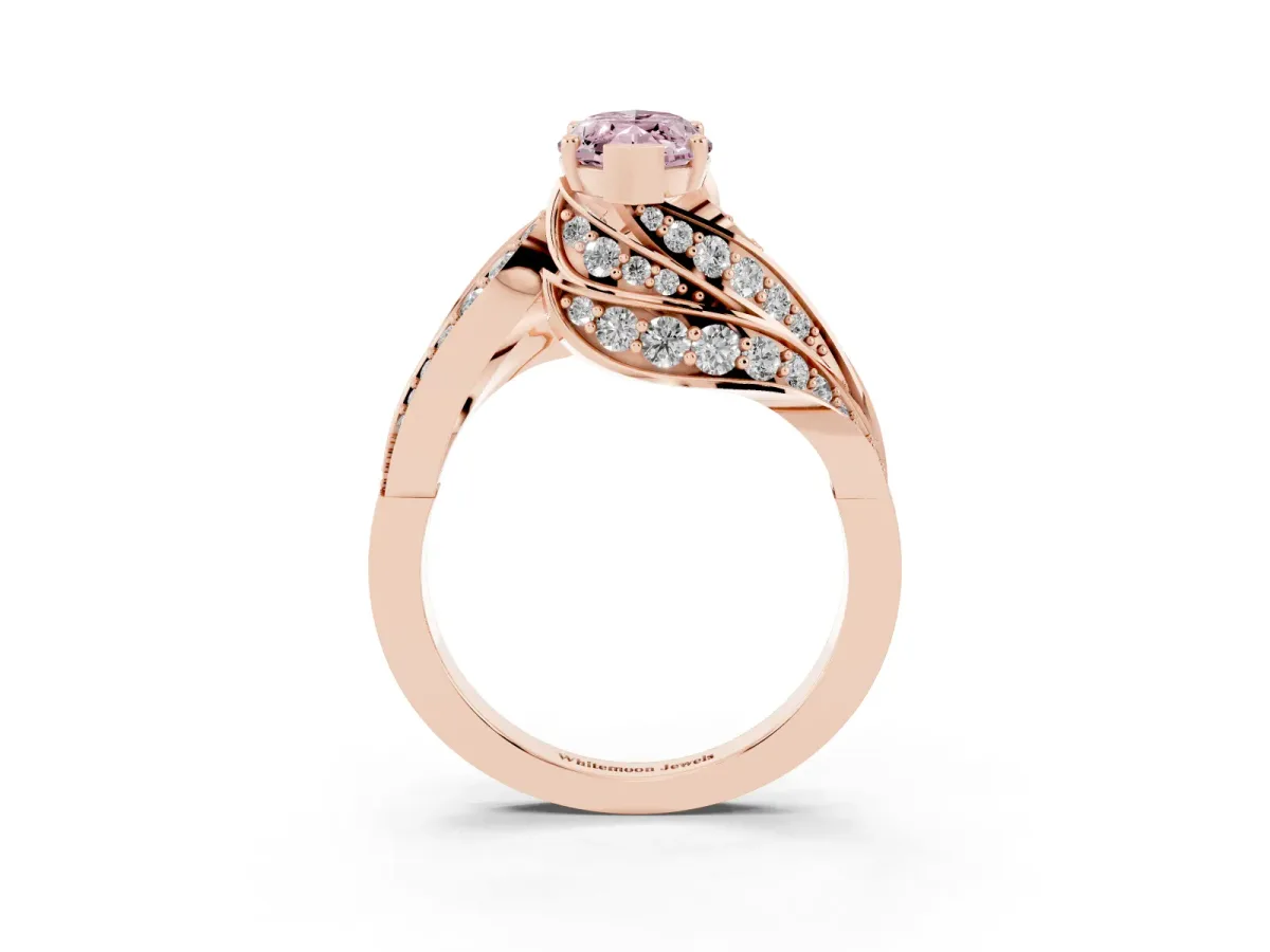 Fancy Pink Marquise Cut Diamond Solitaire Ring with Prong Setting and Twisted Pavé Band Rose gold