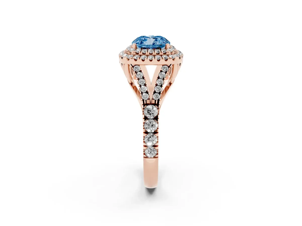 Fancy Blue Cushion Cut Diamond Pavé Split Shank Double Halo Engagement Ring Rose gold