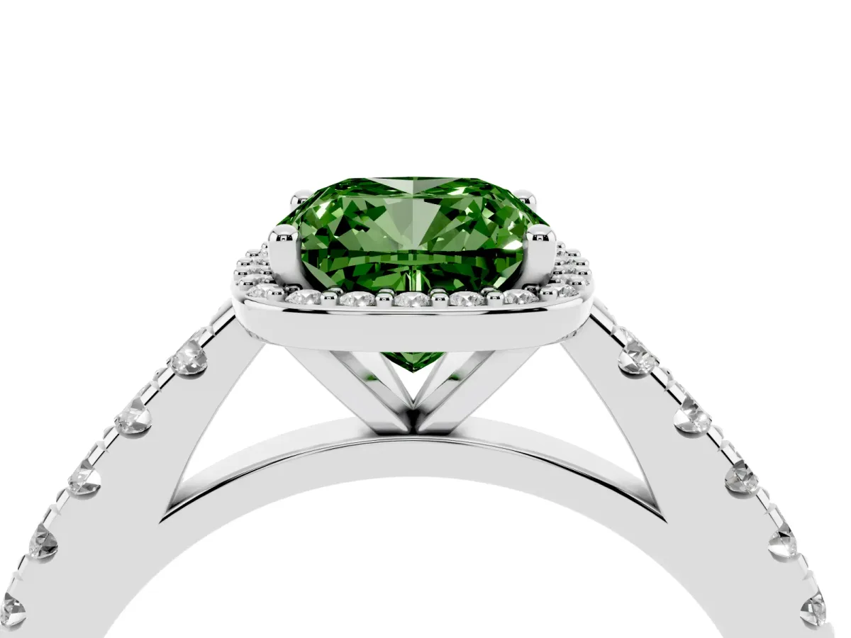 Fancy Green Cushion Cut Cut Halo Diamond Engagement Ring with Pave Band and Four-Prong Setting White gold