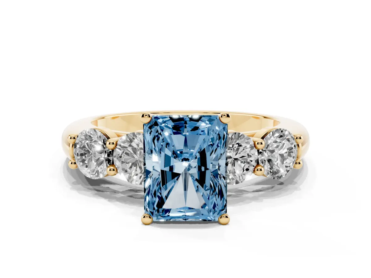 Fancy Blue Radiant Cut Cut Five-Stone Prong Set Diamond Ring with Classic Band Yellow gold