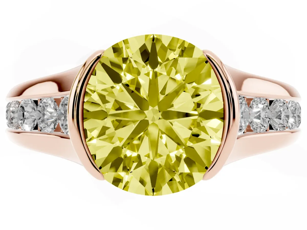 Fancy Yellow Round Cut Solitaire Bezel-Set Diamond Ring with Channel-Set Band Rose gold