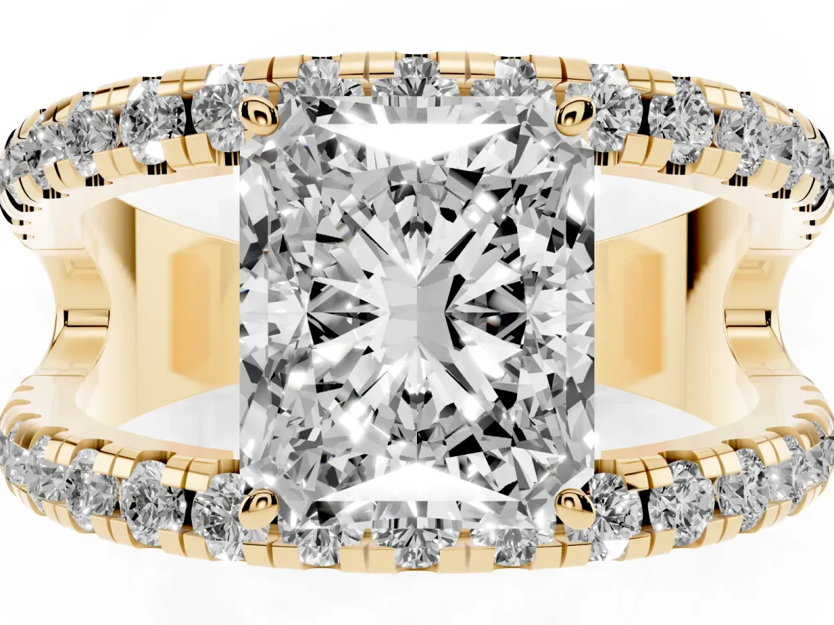 Radiant Cut Solitaire Split Shank Pave Diamond Ring Yellow gold
