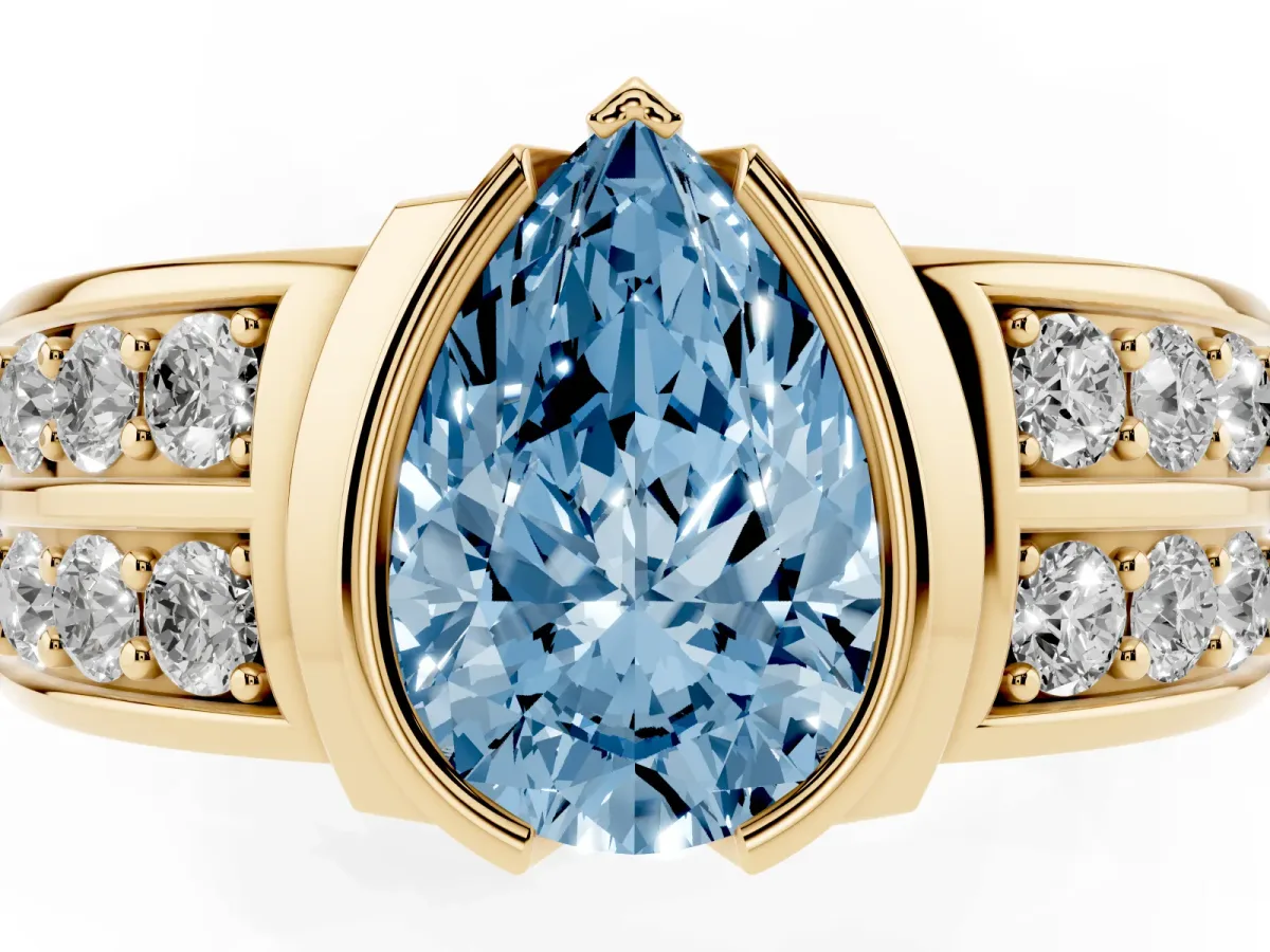 Fancy Blue Pear Cut Brilliant Diamond Channel Set Wide Band Ring with Bezel Setting Yellow gold