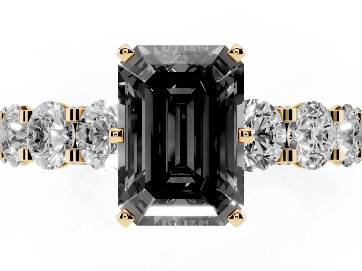 Fancy Black Emerald Cut Diamond Side Stone Engagement Ring with Four-Prong Setting Yellow gold