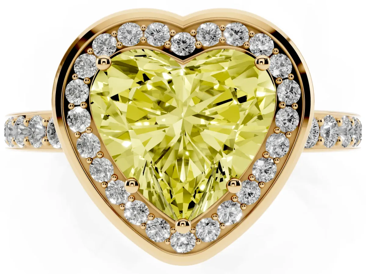 Fancy Yellow Heart Cut Diamond Halo Ring with Bezel Frame and Pavé Band Yellow gold