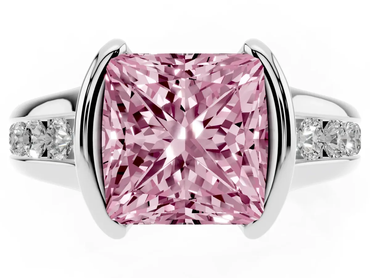 Fancy Pink Princess Cut Solitaire Bezel-Set Diamond Ring with Channel-Set Band Silver