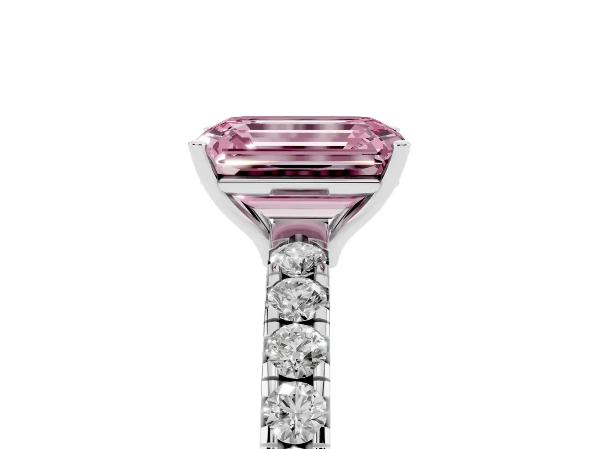 Fancy Pink Emerald Cut Diamond Pavé Solitaire Engagement Ring with Four-Prong Setting Silver