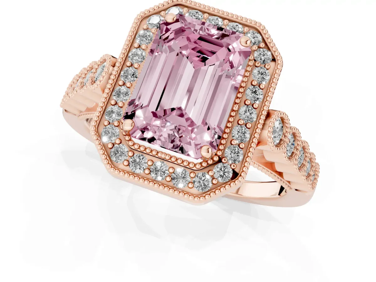 Fancy Pink Emerald Cut Halo Milgrain Solitaire with Bezel Set Side Stones and Pave Band Rose gold