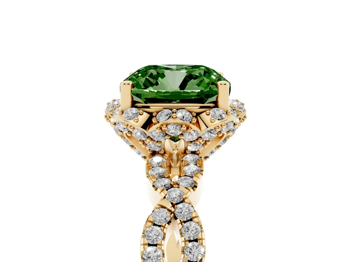 Fancy Green Cushion Cut Halo Twist Band Solitaire Ring with Six-Prong Setting Yellow gold