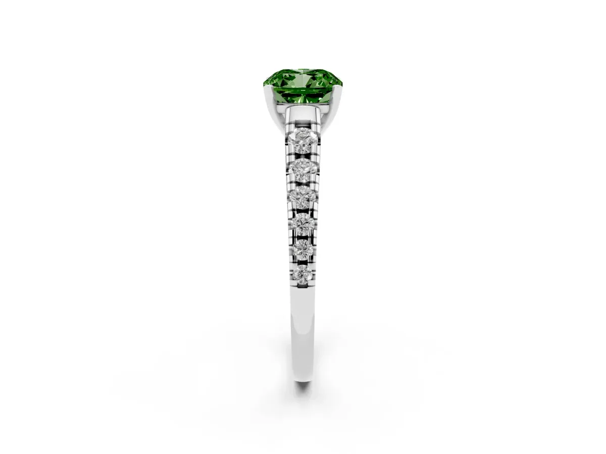 Fancy Green Cushion Cut Diamond Cathedral Solitaire Ring with Round Pavé Band Silver