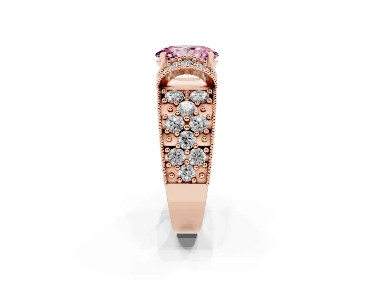 Fancy Pink Oval Cut Halo Pave Diamond Engagement Ring with Milgrain Detailing Rose gold