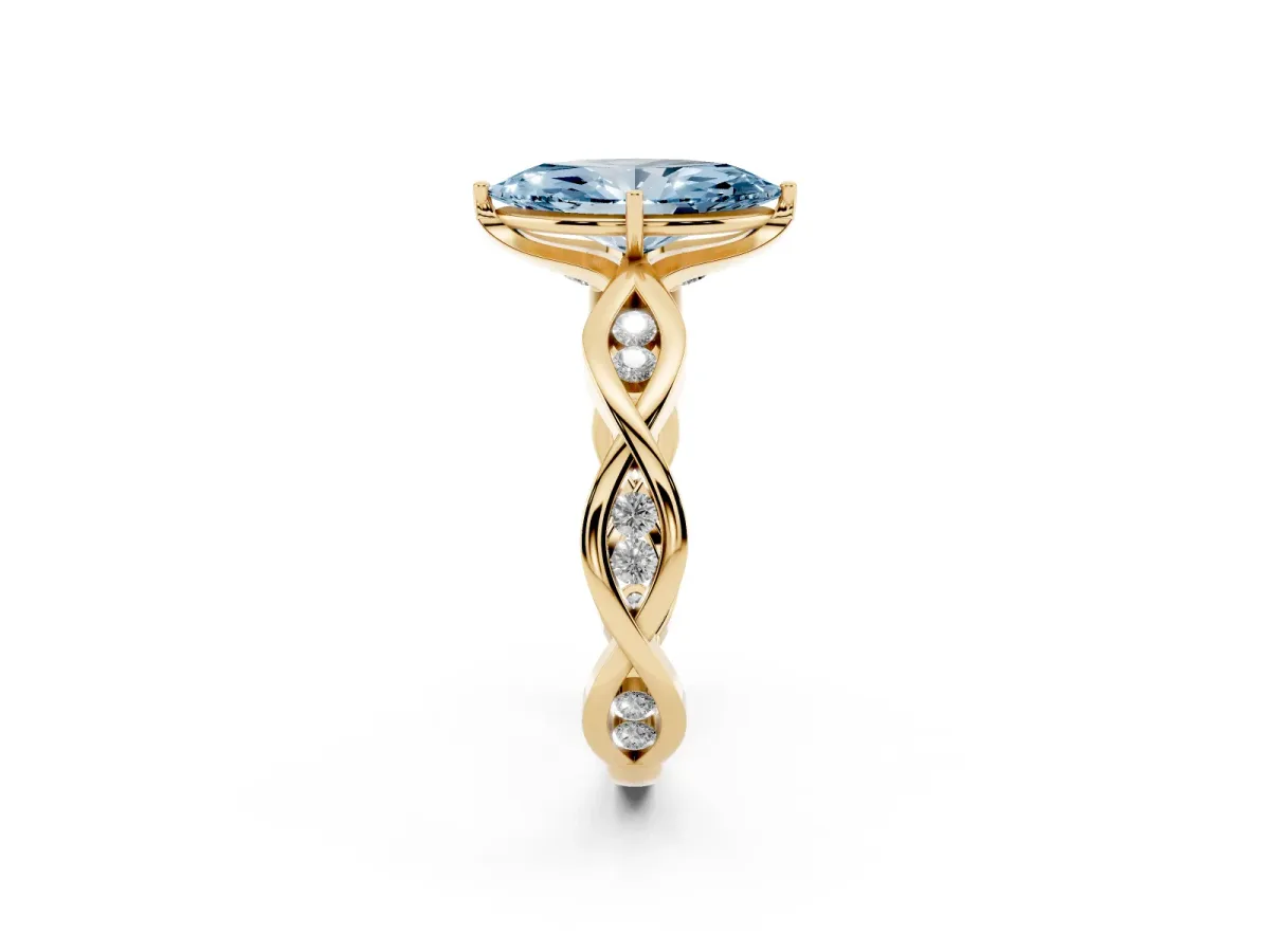 Fancy Blue Marquise Cut Solitaire Twist Band with Leaf Prong Setting Yellow gold
