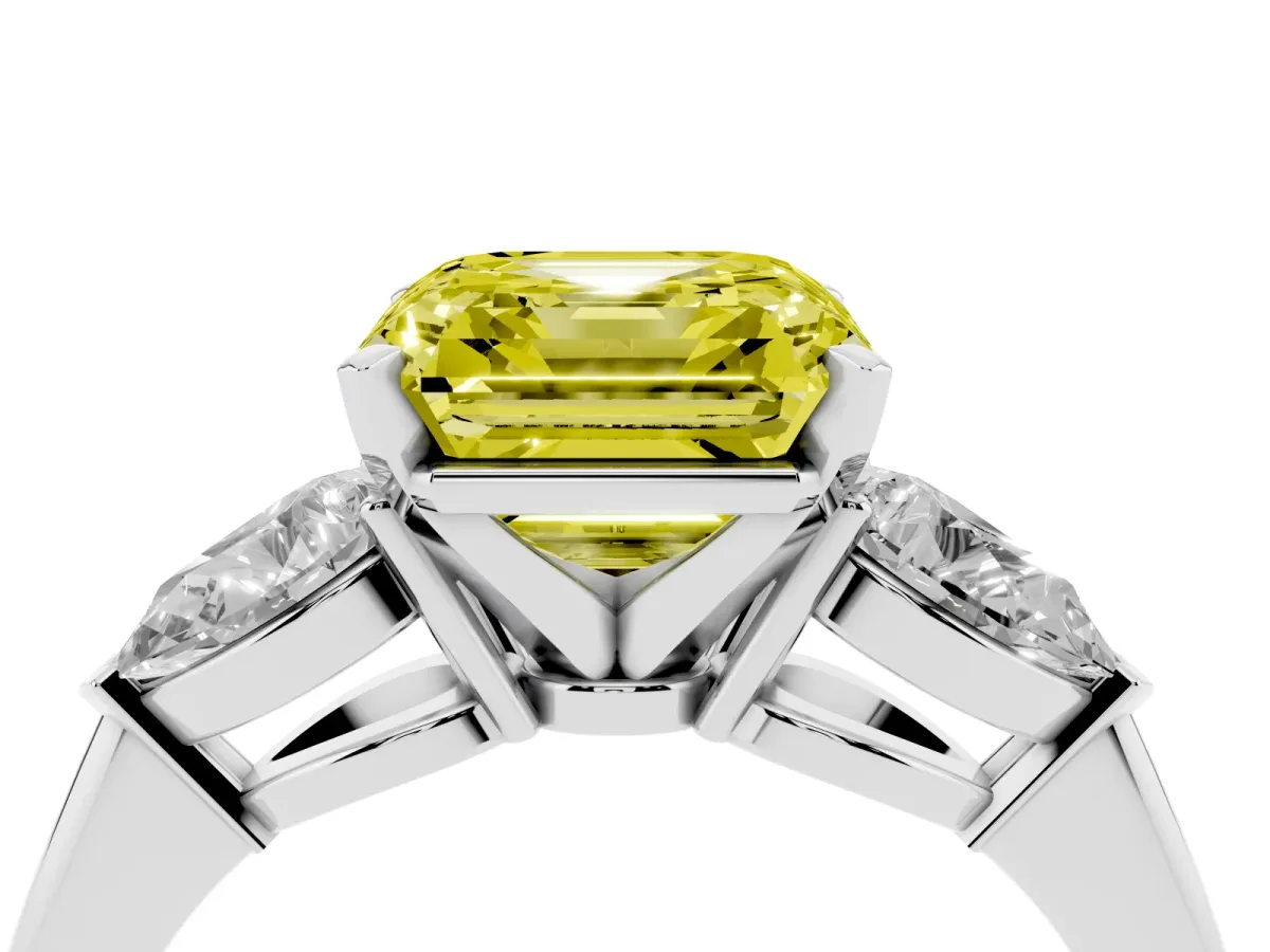 Fancy Yellow Three-Stone Asscher Cut Diamond Ring with Pear Side Stones and Four-Prong Setting Silver