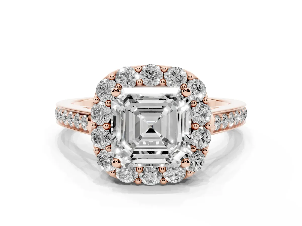 Asscher Cut Diamond Floral Halo Ring with Pavé Band and Prong Setting Rose gold