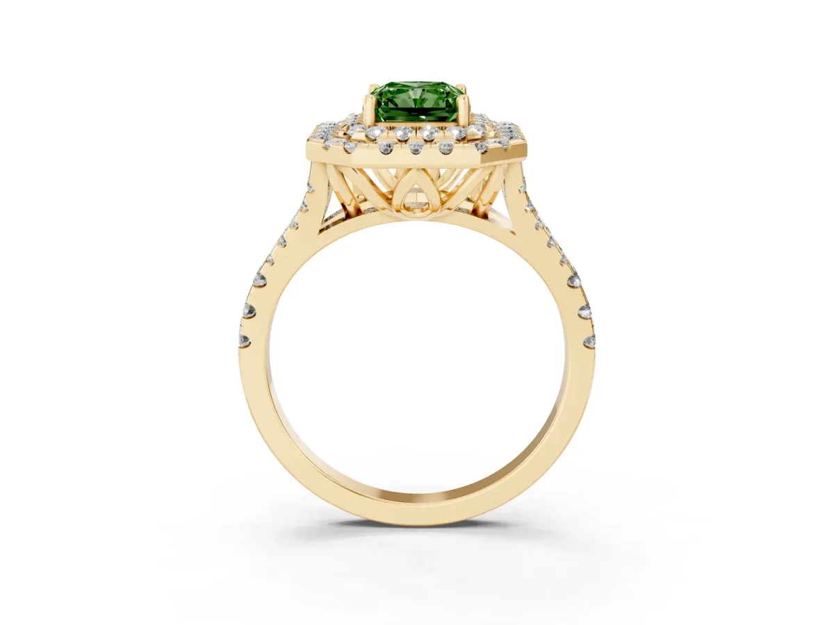 Fancy Green Double Halo Radiant Cut Diamond Pavé Split Shank Ring with Prong Setting Yellow gold
