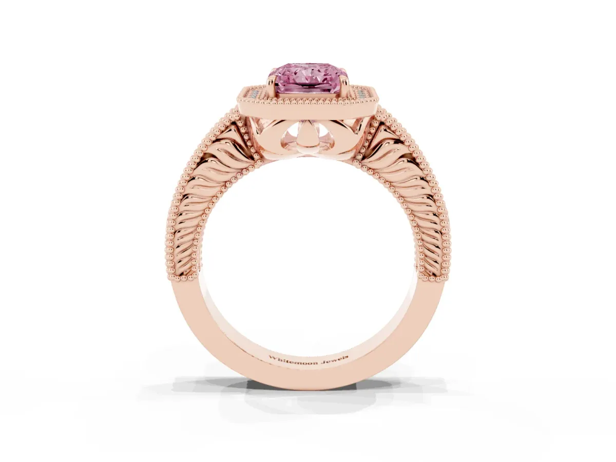 Fancy Pink Radiant Cut Cut Halo Diamond Ring with Pavé Band and Four-Prong Setting Rose gold