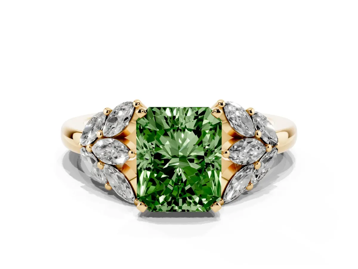 Fancy Green Radiant Cut Diamond Cluster Leaf Design Ring with Prong Setting Yellow gold