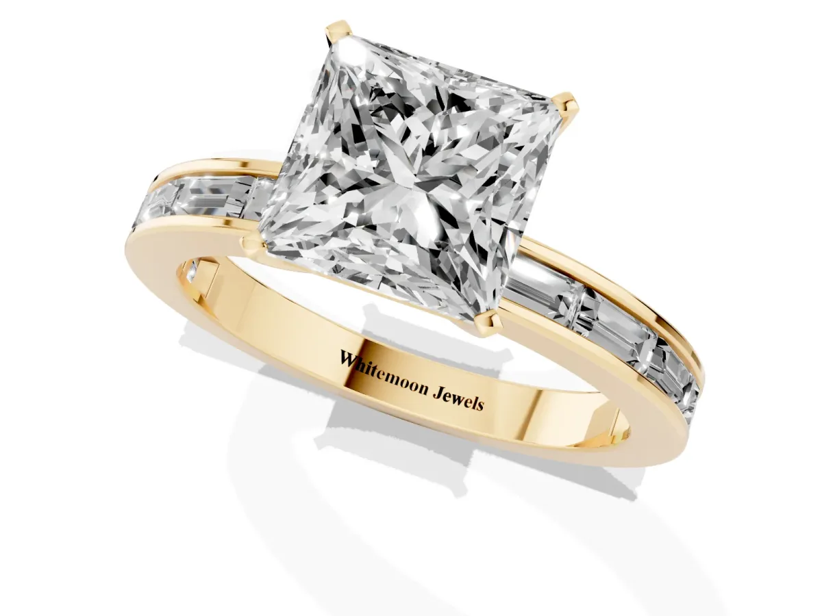 Princess Cut Solitaire Diamond Ring with Channel-Set Baguette Band and Four-Prong Setting Yellow gold