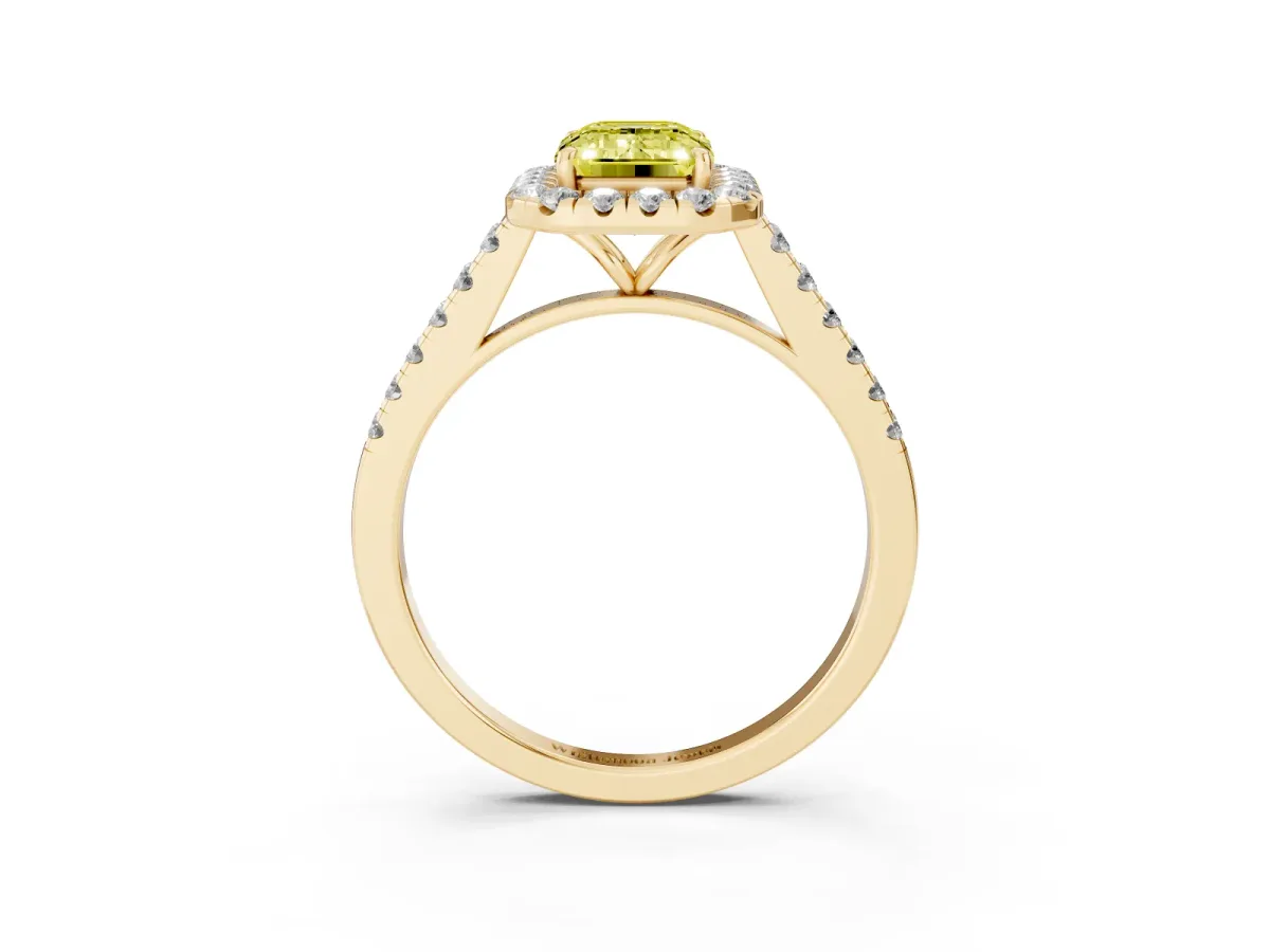 Fancy Yellow Emerald Cut Halo Pave Diamond Engagement Ring with Four-Prong Setting Yellow gold
